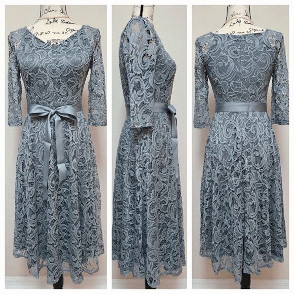 Elegant Romantic Retro Vintage Swing Lace Bridesmaid Prom Dress with Belt S NEW - Picture 7 of 16